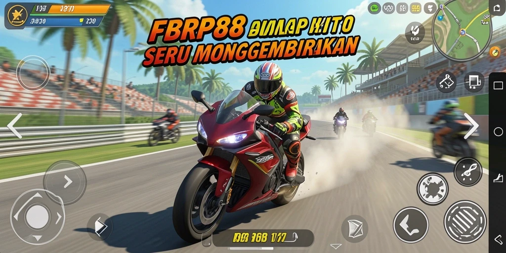 Screenshot FBRP88 menampilkan aksi balapan motor yang mendebarkan di trek yang berwarna-warni.