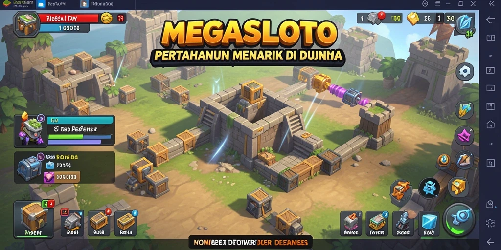 Tampilan gameplay seru dari MEGASLOTO dengan menara khas Tower Defense.