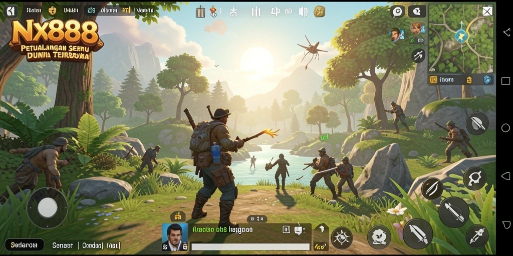 Screenshot gameplay NX888 menampilkan eksplorasi dunia terbuka yang luas.